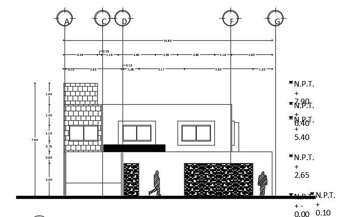 The front elevation view of the 15x0m house building CAD drawing