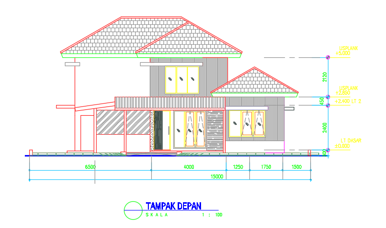 The front elevation view of the 15x20m architectural house building CAD drawing