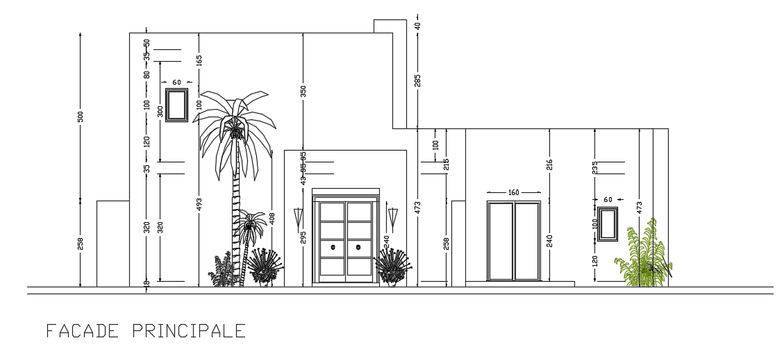 The front elevation view of the 16x15m bungalow house building