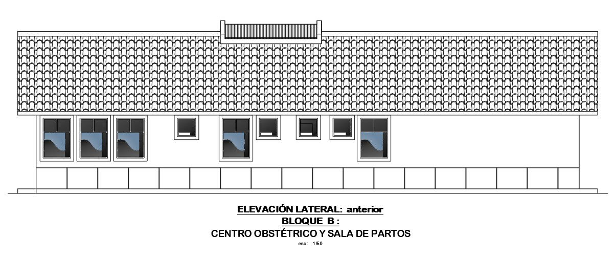 The front elevation view of the 17x12m obstetric hospital building is given in this AutoCAD model. Download now.