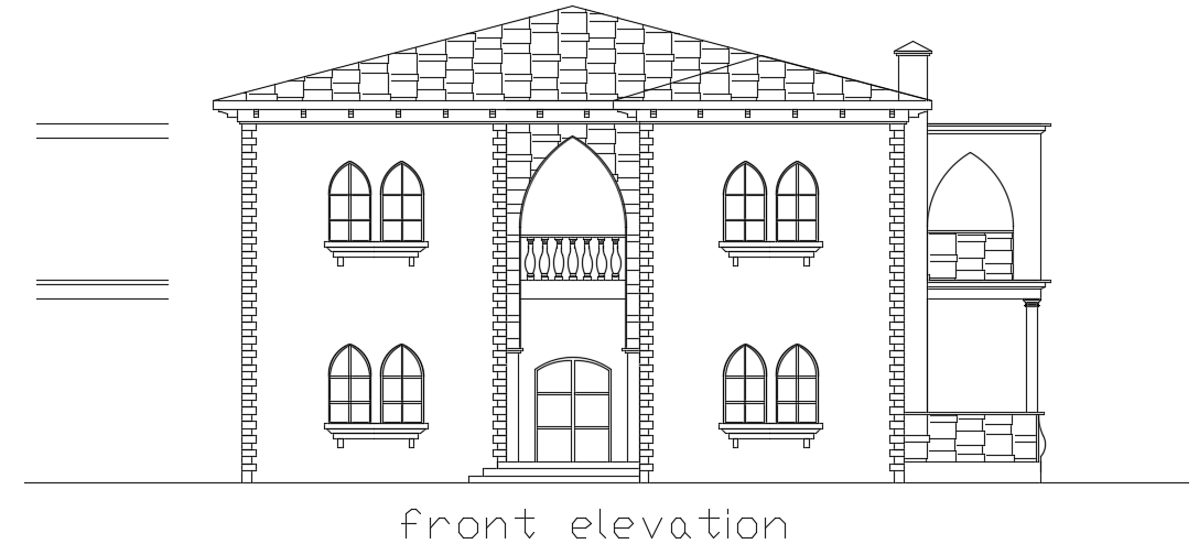 The front elevation view of the 17x14m duplex bungalow house building