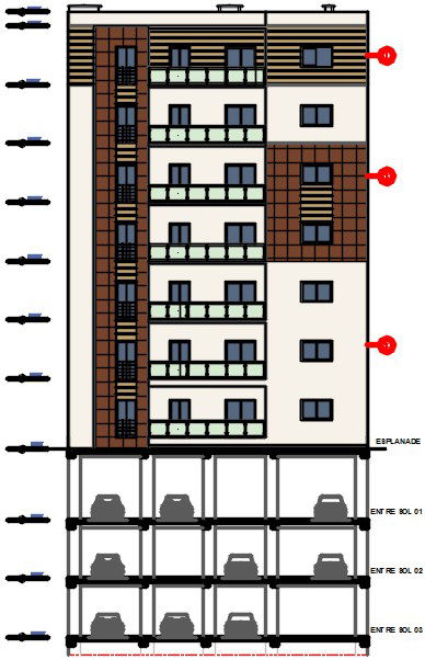 The front elevation view of the 17x20m D block floor building