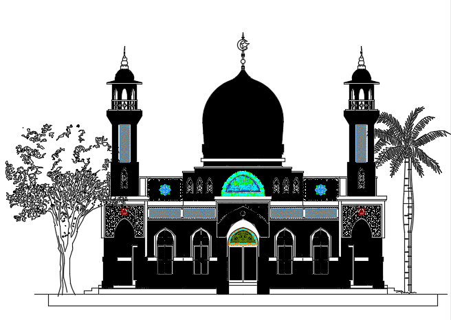 The front elevation view of the 19x17m mosque building AutoCAD drawing