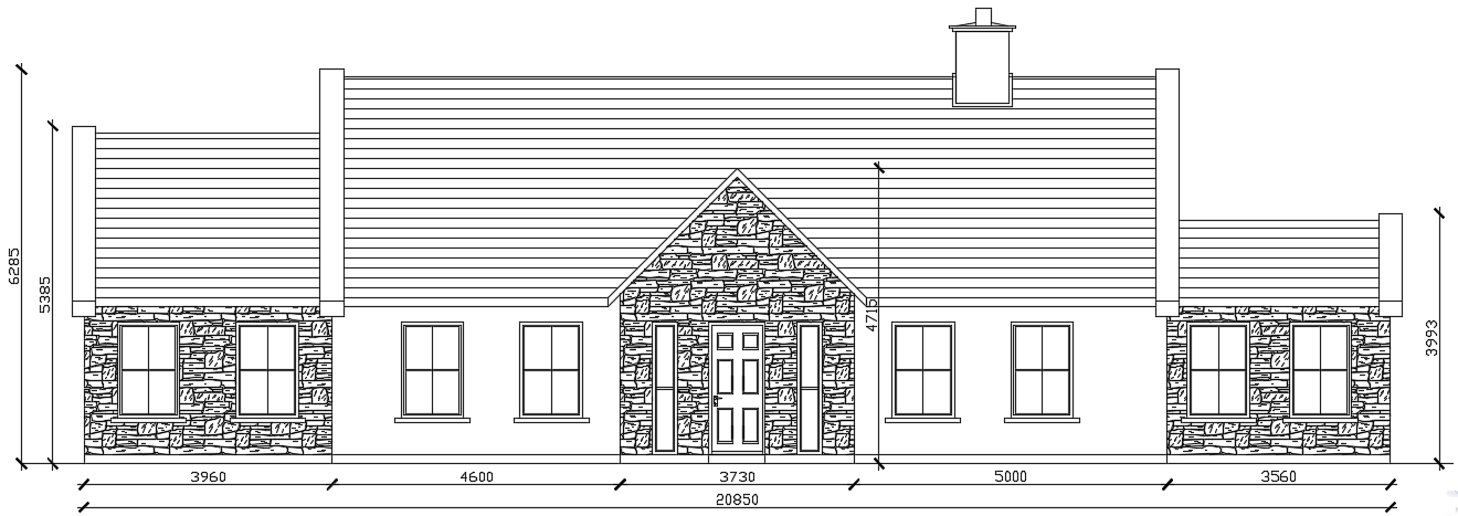 The front elevation view of the 20x14m house building AutoCAD drawing