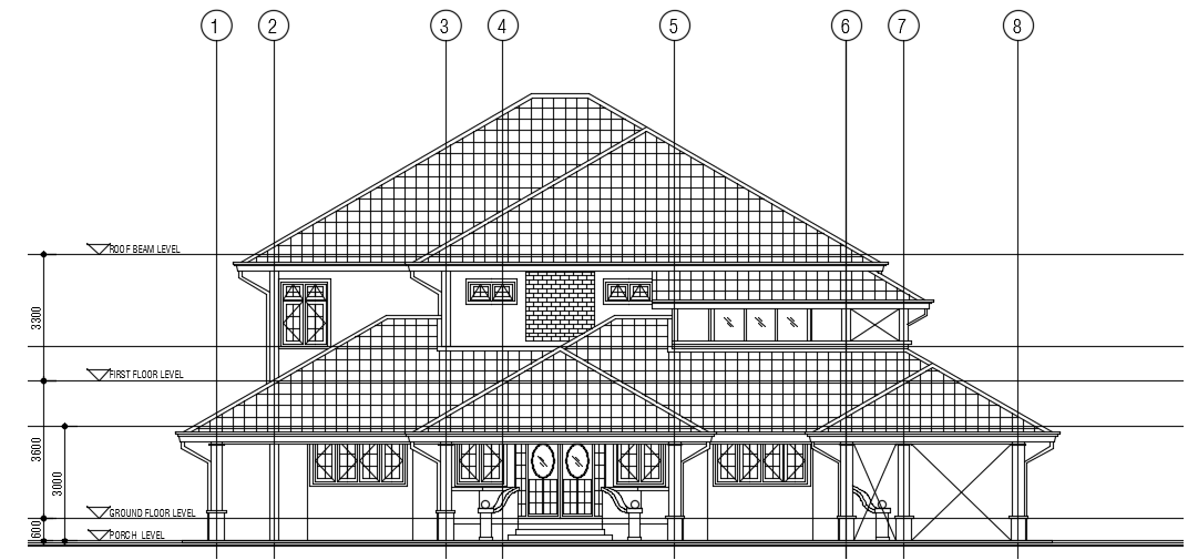 The front elevation view of the20x22m two story house building drawing