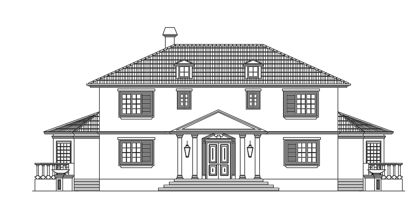 The front elevation view of the 21x17m family house building AutoCAD model