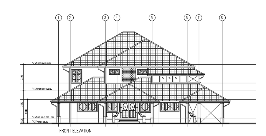 The front elevation view of the 21x22m architecture villa building drawing