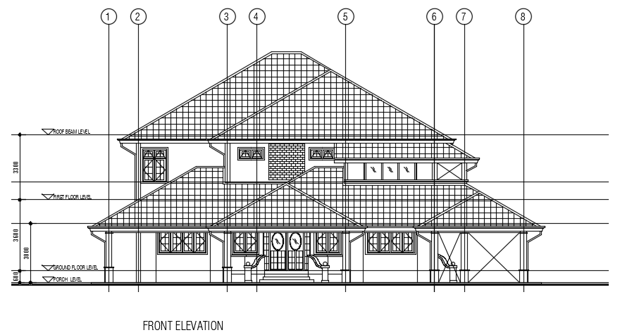 The front elevation view of the 21x22m house building is given in this file