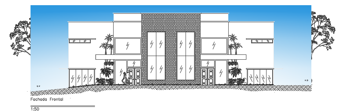 The front elevation view of the 22x19m faculty quarters building AutoCAD drawing