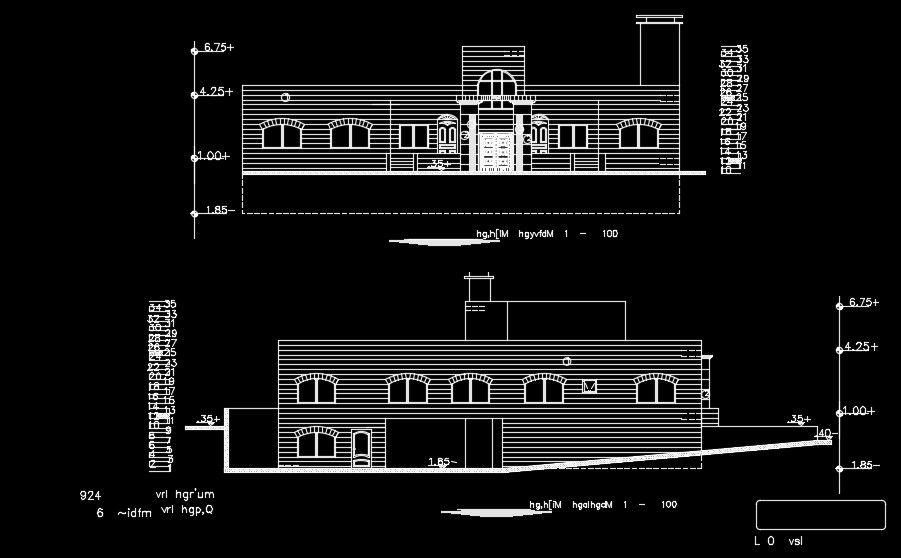 The front elevation view of the 22x22m house building