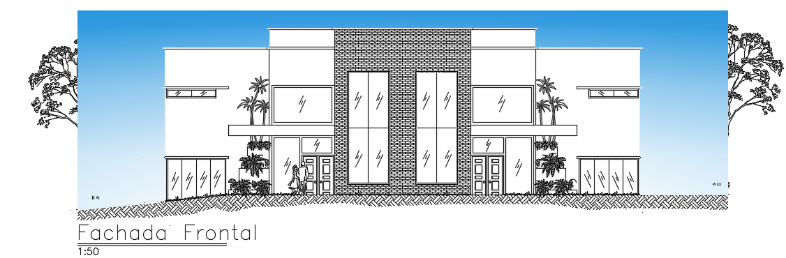 The front elevation view of the 22x25m architecture duplex house building cad drawing