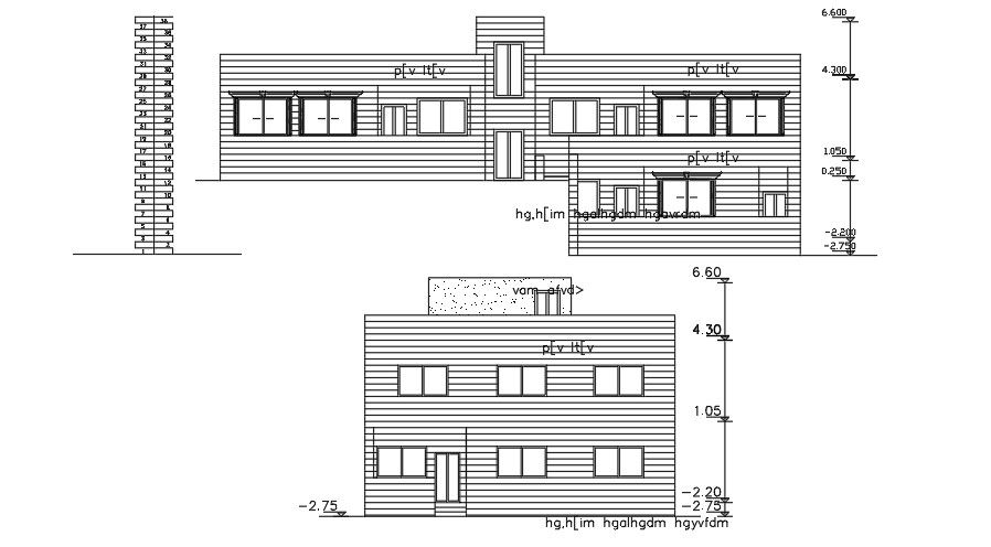 The front elevation view of the23x12m house building drawing