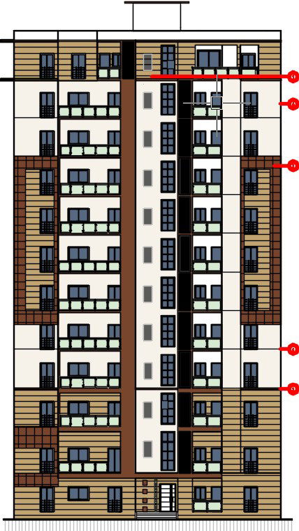 The front elevation view of the 23x15m multistory apartment building