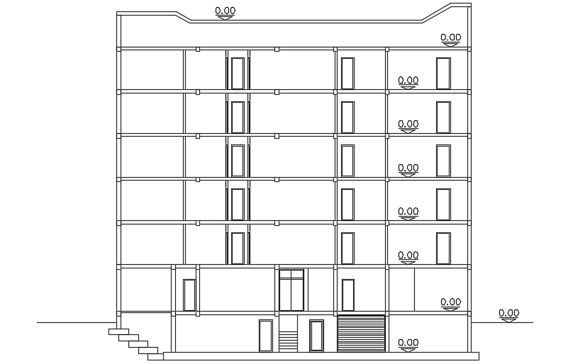 The front elevation view of the 23x18m apartment house building AutoCAD drawing