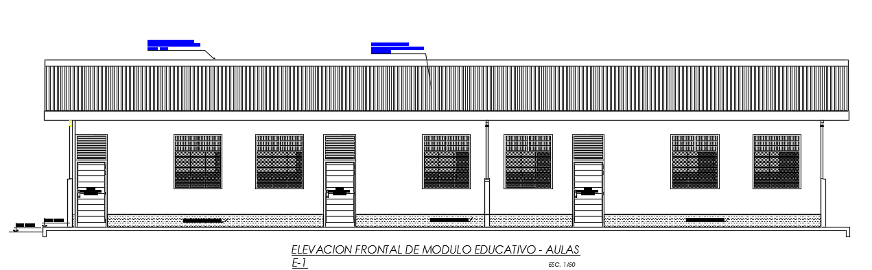 The front elevation view of the 24x8m college building Autocad drawing