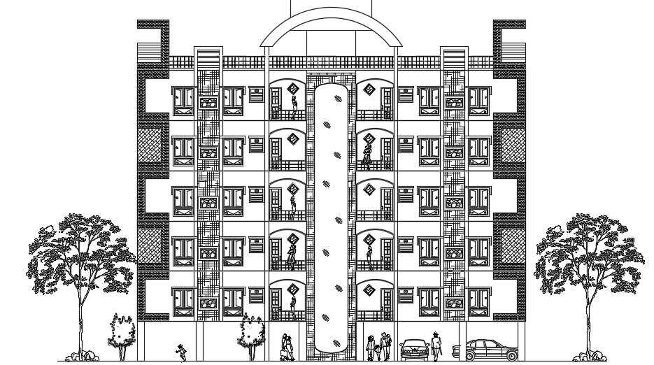 The front elevation view of the 25x20m apartment house building 2d AutoCAD drawing