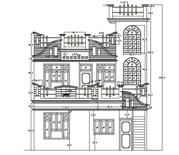 The front elevation view of the 25’x52’ house building with dimension