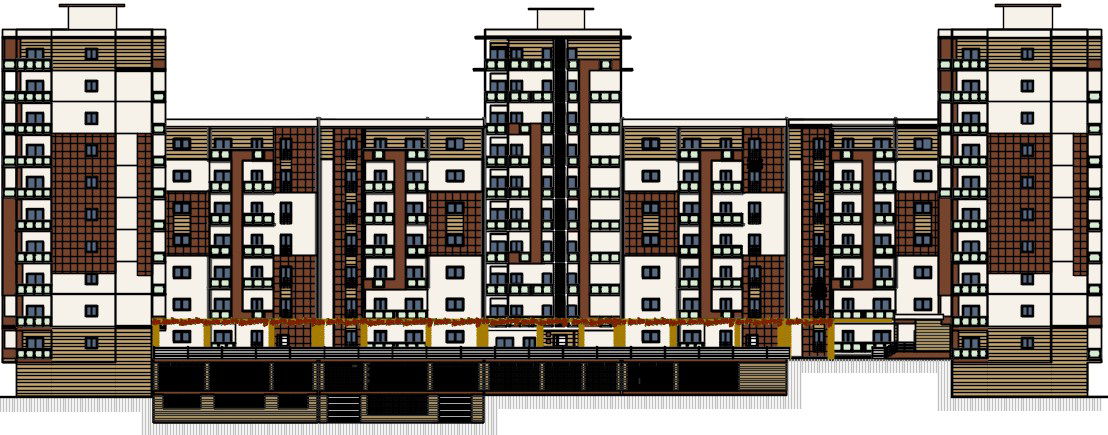 The front elevation view of the 27x14m Block B, C, & D apartment building