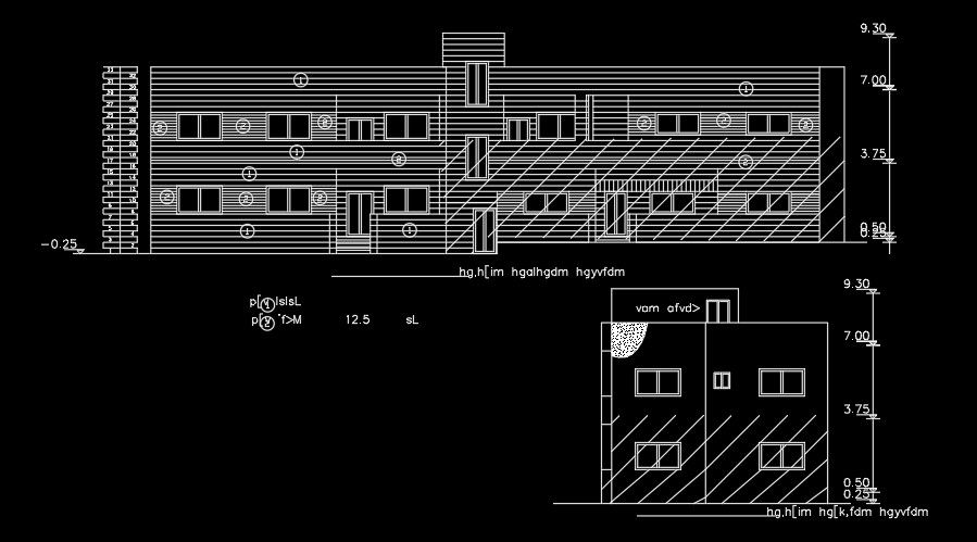 The front elevation view of the 30x10m house building AutoCAD drawing