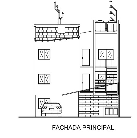 The front elevation view of the 34x10m three story residential building AutoCAD model