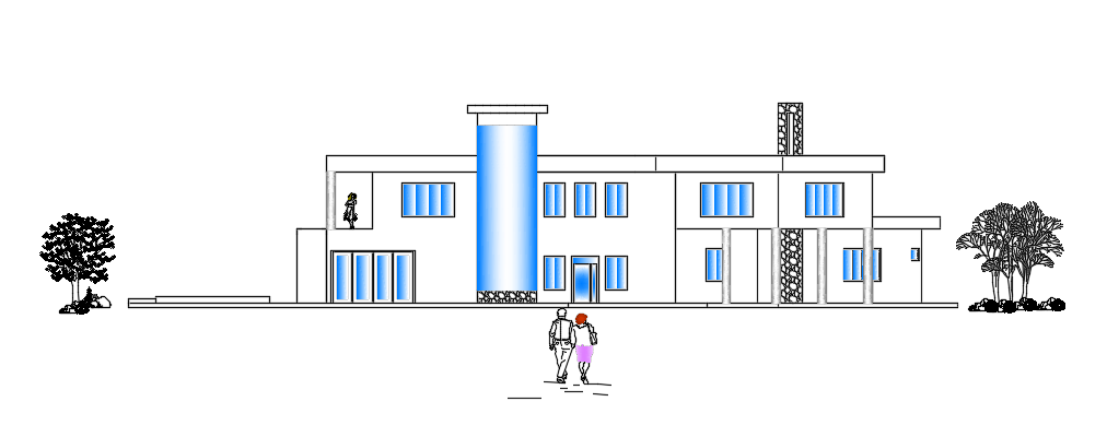 The front elevation view of the 35x15m luxury villa building AutoCAD drawing