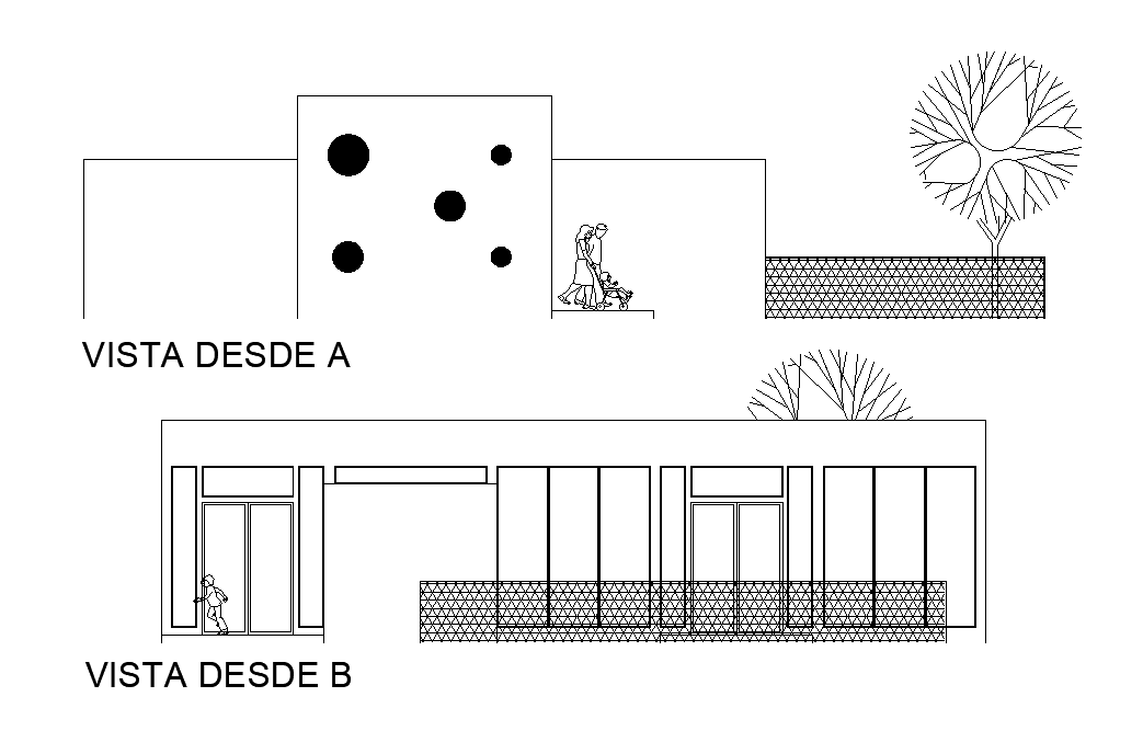The front elevation view of the 37’x32’ house building is given in this AutoCAD drawing. Download now.