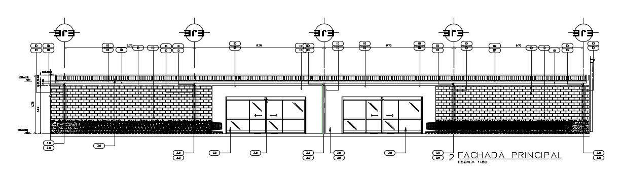 The front elevation view of the 39x4m airport office trolley room is given in this AutoCAD drawing model. Download now.