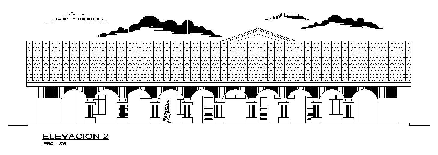 The front elevation view of the 40x28m house building is given in this AutoCAD drawing model.