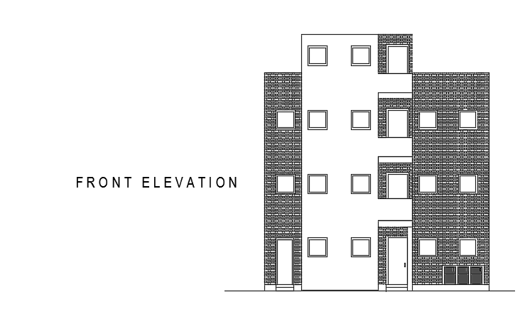 The front elevation view of the 41x36 feet three story house building is given