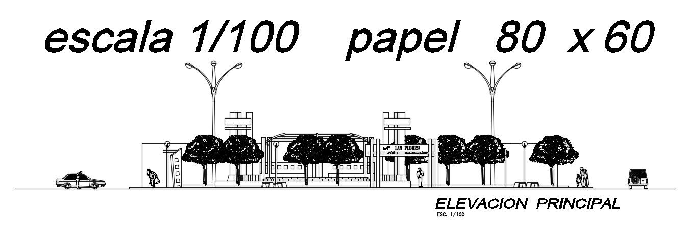 The front elevation view of the 41x45m college plan tree location details is given in this AutoCAD model.
