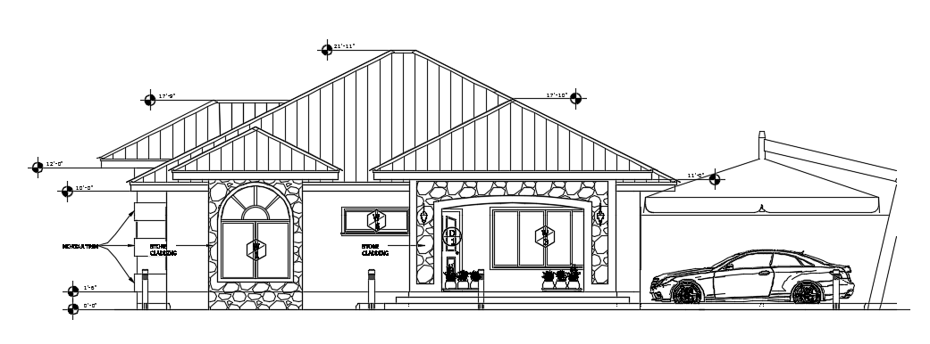 The front elevation view of the 42’x45’ 2bhk house building drawing