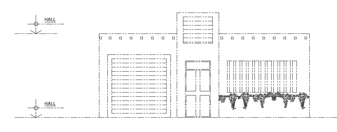 The front elevation view of the 45x10m house building cad drawing is given in this file