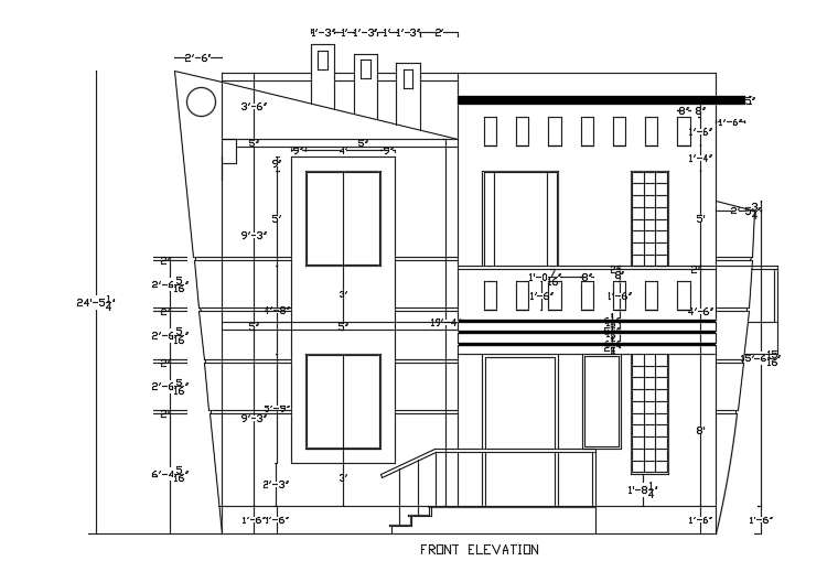 The front elevation view of the 57’x26’ house building with dimension