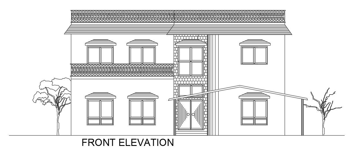 The front elevation view of the 63’x106’ house building is given in this AutoCAD drawing model. Download now.
