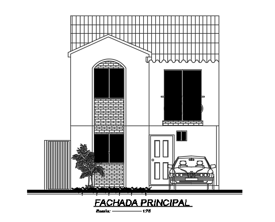 The front elevation view of the 6x11m 3bhk house building CAD drawing
