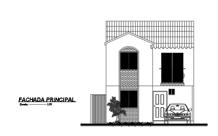 The front elevation view of the 6x11m two story residential house building AutoCAD model