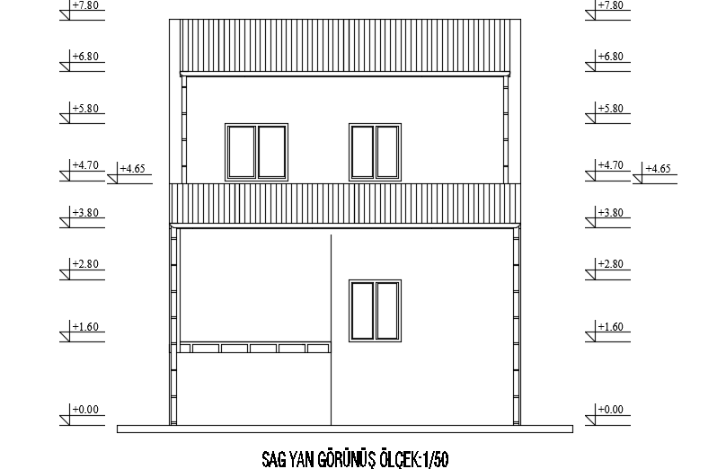The front elevation view of the 6x5m house building 2d AutoCAD model