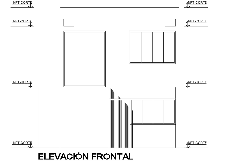 The front elevation view of the 6x6m small residential building AutoCAD model