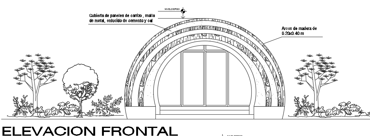 The front elevation view of the 6x9m guest house building 2d AutoCAD drawing is given
