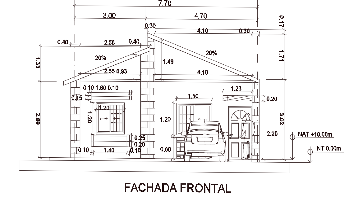 The front elevation view of the 7x10m house building drawing