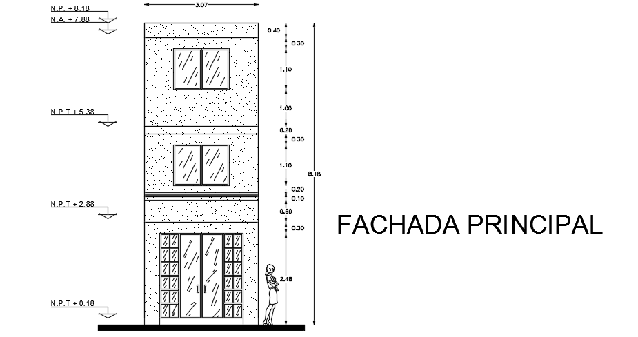 The front elevation view of the 7x11m house building cad drawing is given in this fil