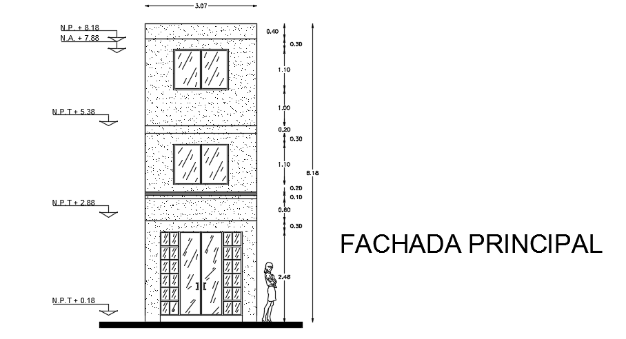 The front elevation view of the 7x11m three story house building AutoCAD drawing