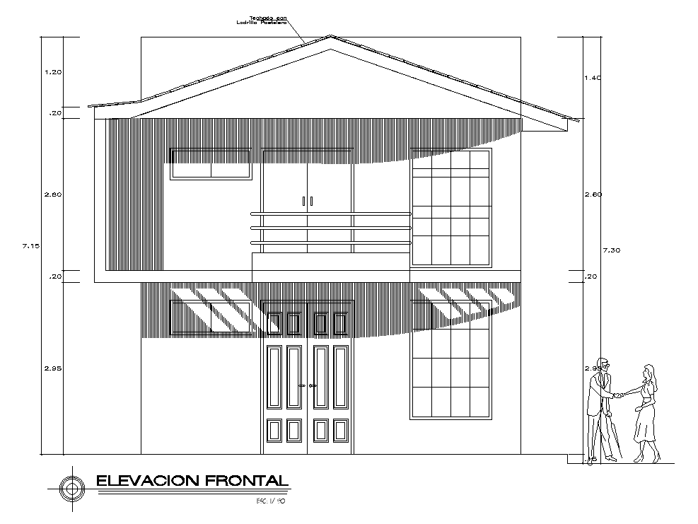 The front elevation view of the 7x17m office building is given in this AutoCAD drawing model.