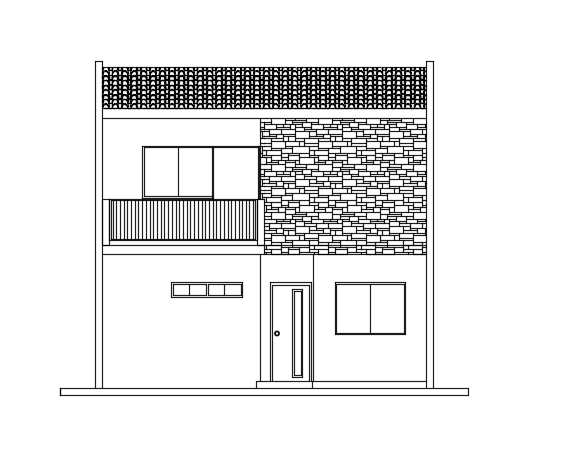 The front elevation view of the 7x9m home building cad 2d drawing