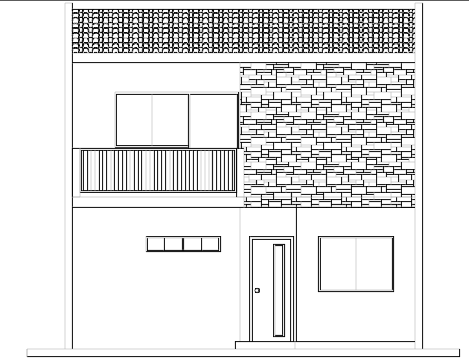 The front elevation view of the 7x9m simple two story building AutoCAD model