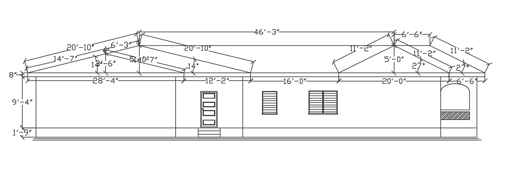 The front elevation view of the 80’x75’ residential house building