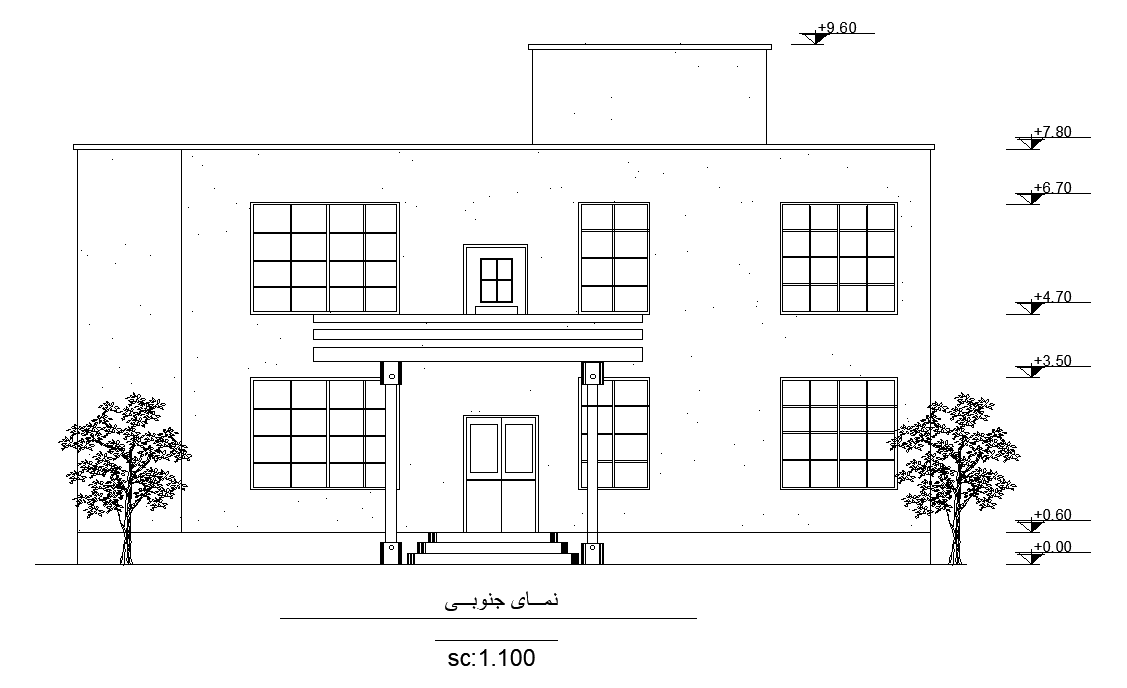 The front elevation view of the 8x10m house building is given in this AutoCAD drawing model. Download now.