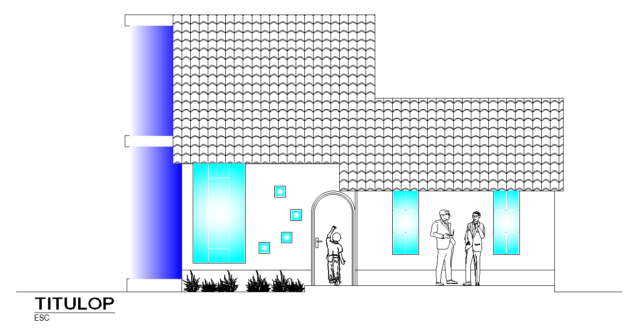 The front elevation view of the 8x10m house design is given in this AutoCAD drawing model. Download now.