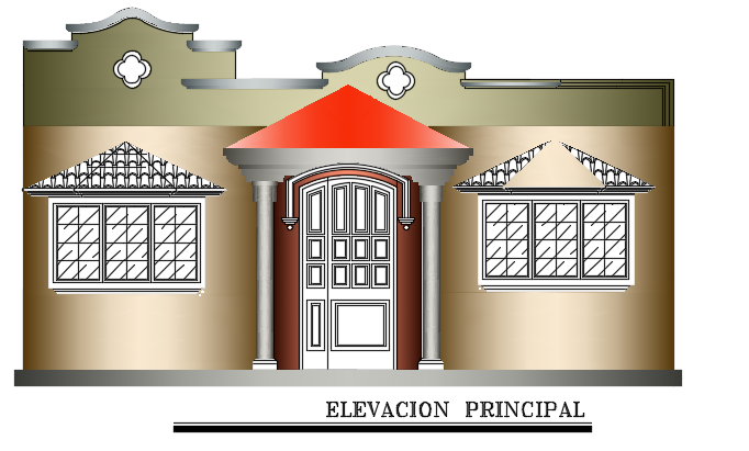The front elevation view of the 8x14m architecture single story house building AutoCAD 2d drawing is given in this file