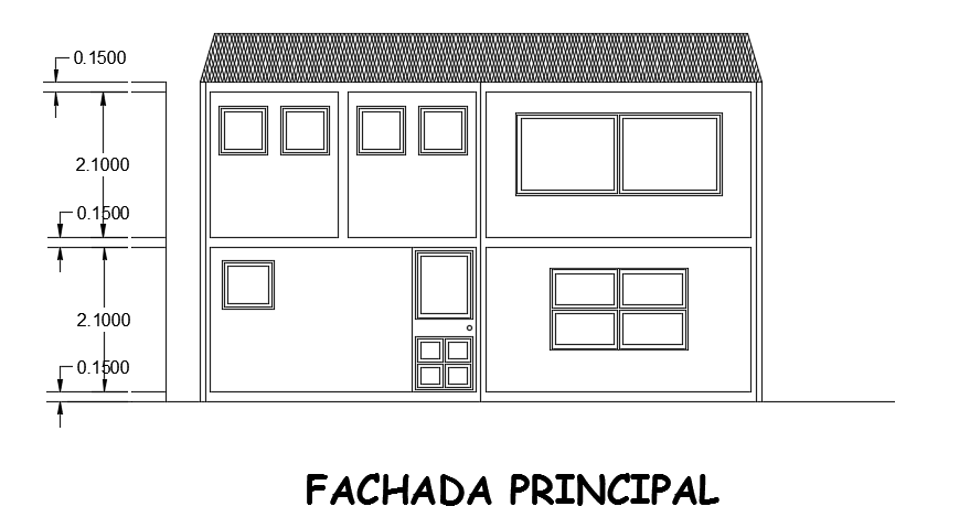 The front elevation view of the 8x16m two story house building with 3bhk cad drawing